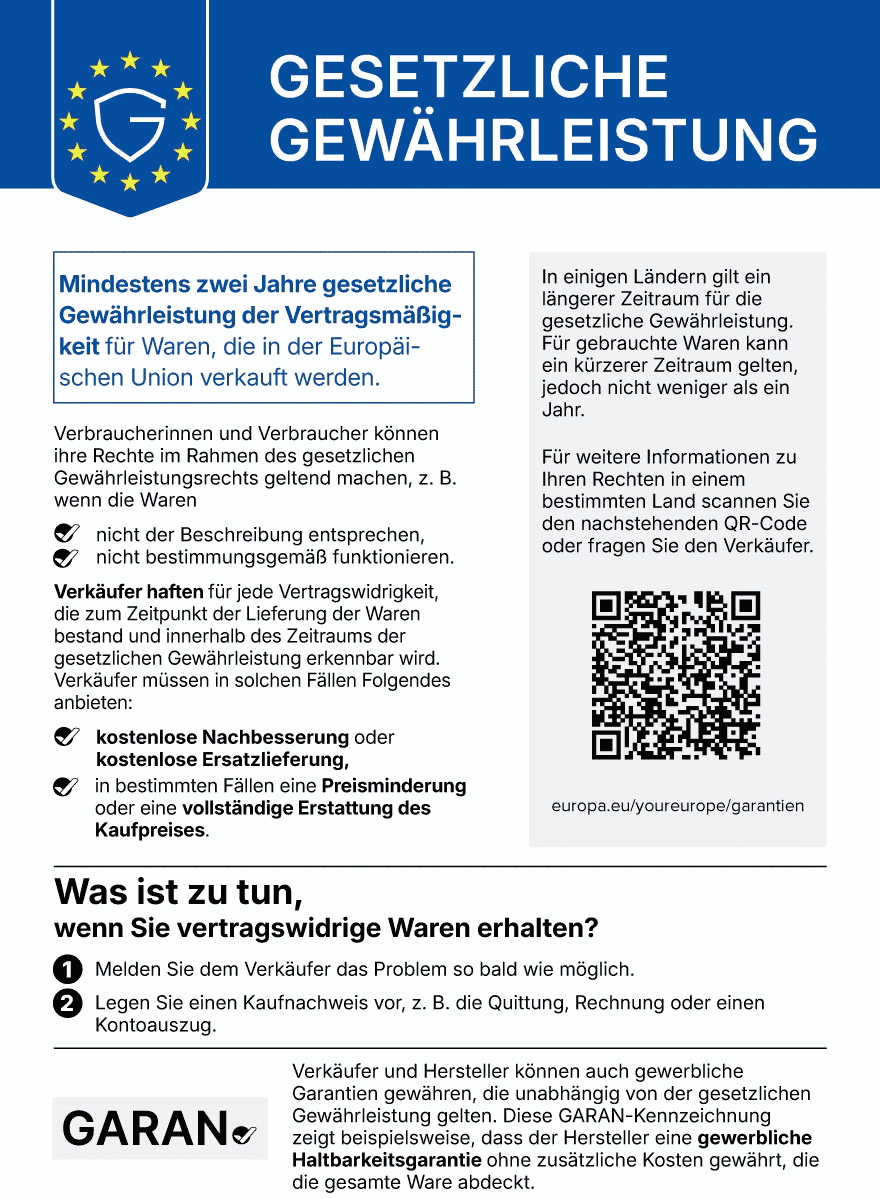 Harmonisierte EU-Mitteilung: Sie haben ein gesetzliches Gewährleistungsrecht von mindestens zwei Jahren